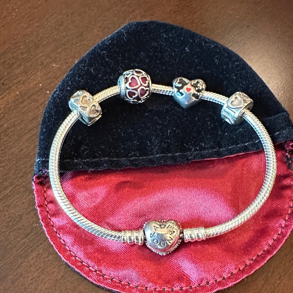 Pandora Sterling Silver Bracelet with Red Heart Charms